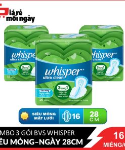 [Mẫu mới] Combo 3 Băng vệ sinh Whisper Có cánh Ngày nhiều 3in1 dài 28cm 16 miếng x3